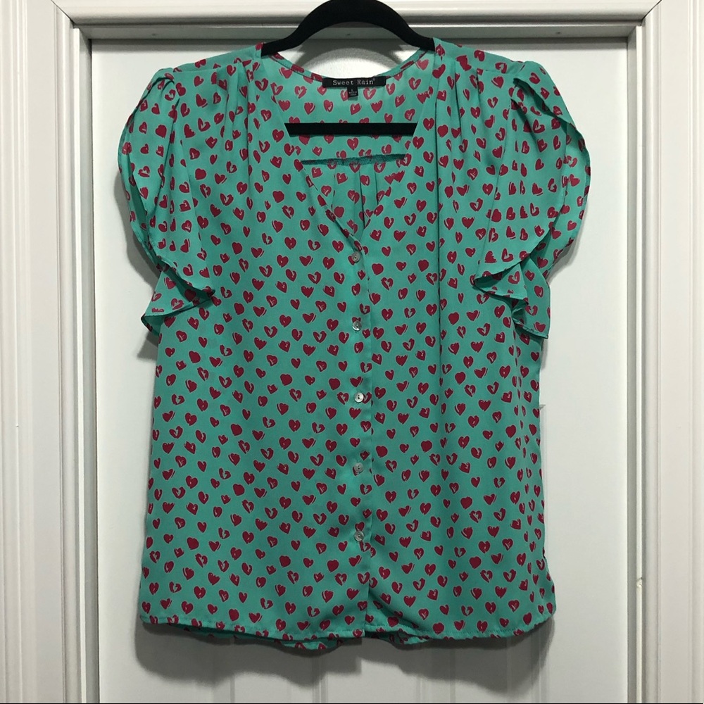 Mint Green w/Pink Hearts Flutter Sleeve Blouse